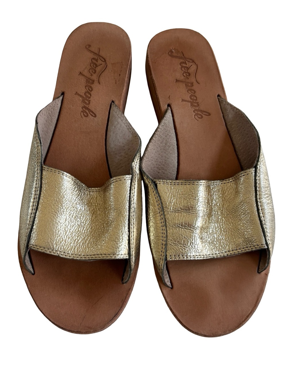 Free People Gold Leather Slide Sandals 38